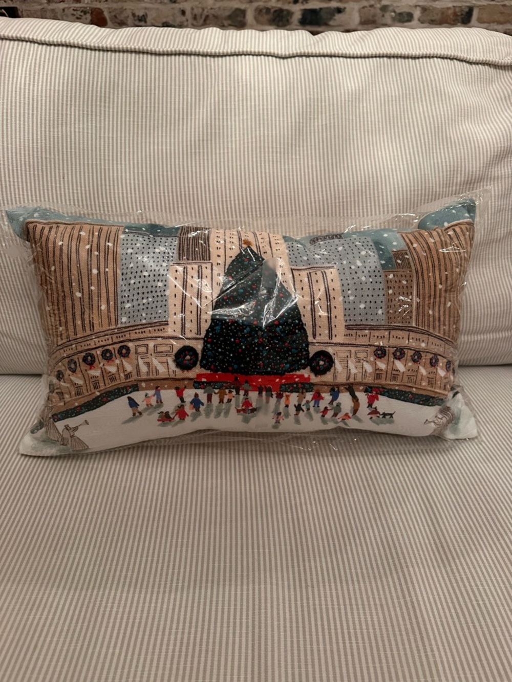 West Elm NYC Holiday Ice Rink Decorative Pillow - Tan, Blue, Red, Black, Cream